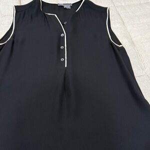 Vince Black Sleeveless Henley Blouse with Cream Piping